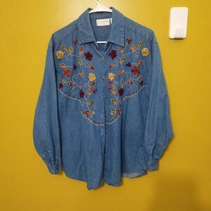 VTG 90s Casual Corner Embroidered Floral Lng Slv Button Up Denim Shirt S Cottage